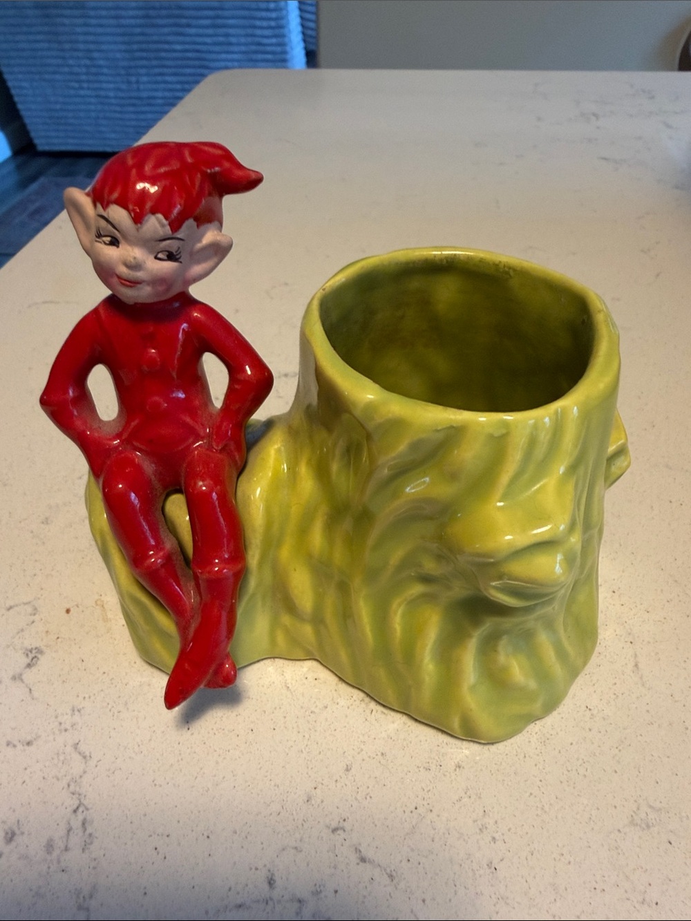 Vintage 1950 Gilner Red Elf Ceramic Planter with Green Tree Stump Holder 4 in.